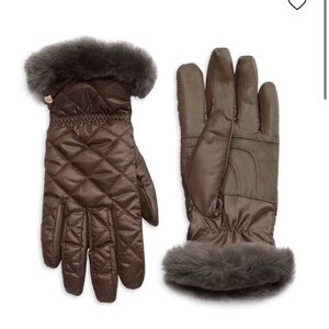 Brand New UGG Brown Quilted Gloves with Fur Trim Size L/XL